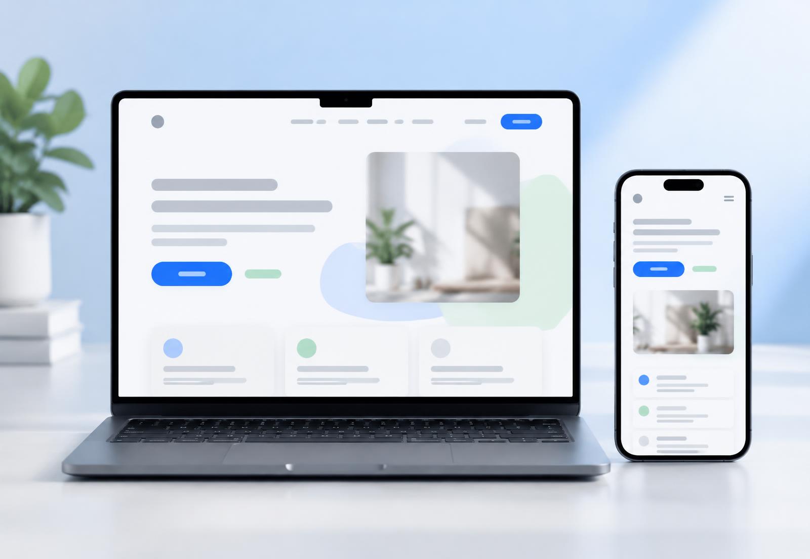 Moderne website vist på computer og mobiltelefon